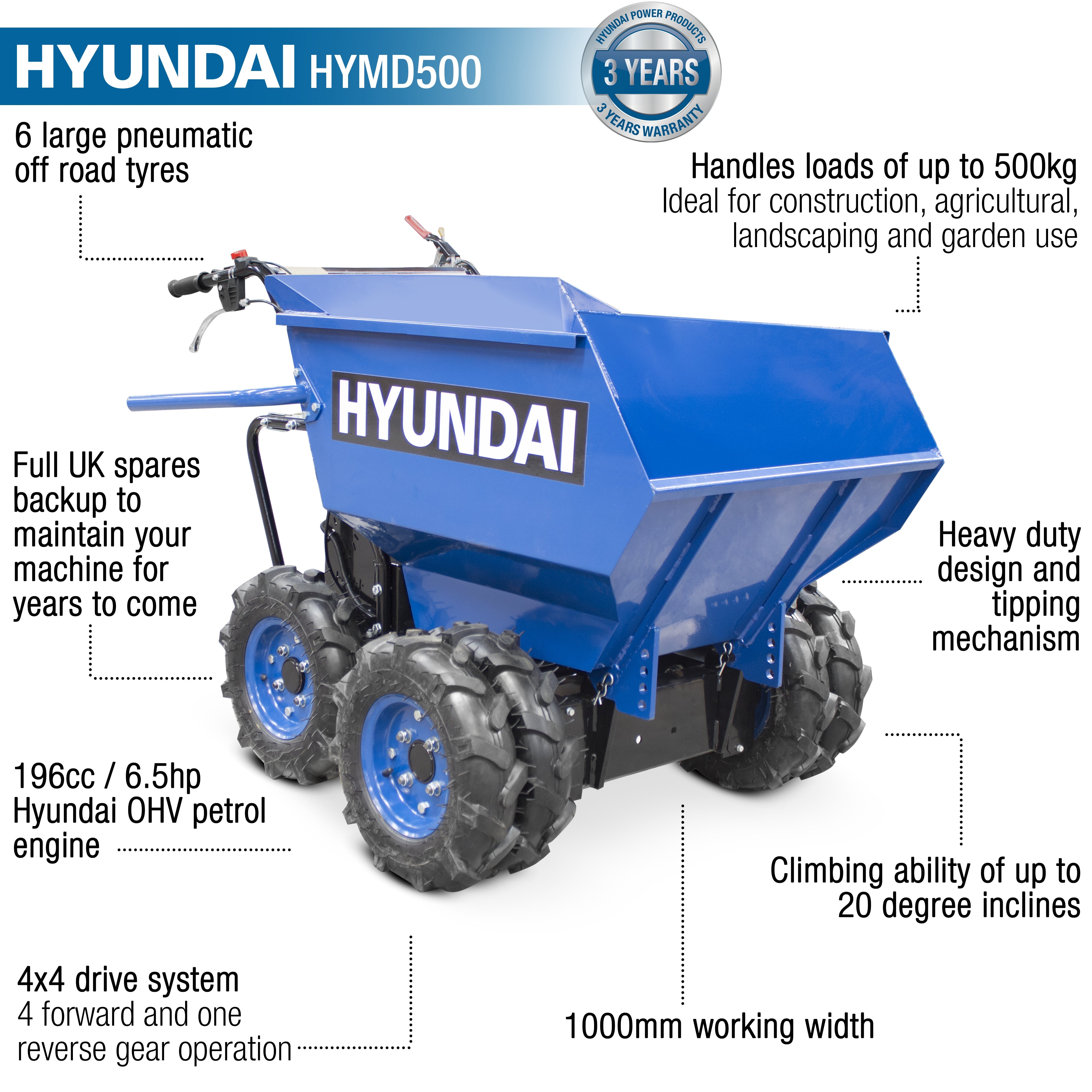 Hyundai 196cc 4-Wheel Drive 500kg Payload Mini Dumper / Power Barrow | HYMD500 - 0