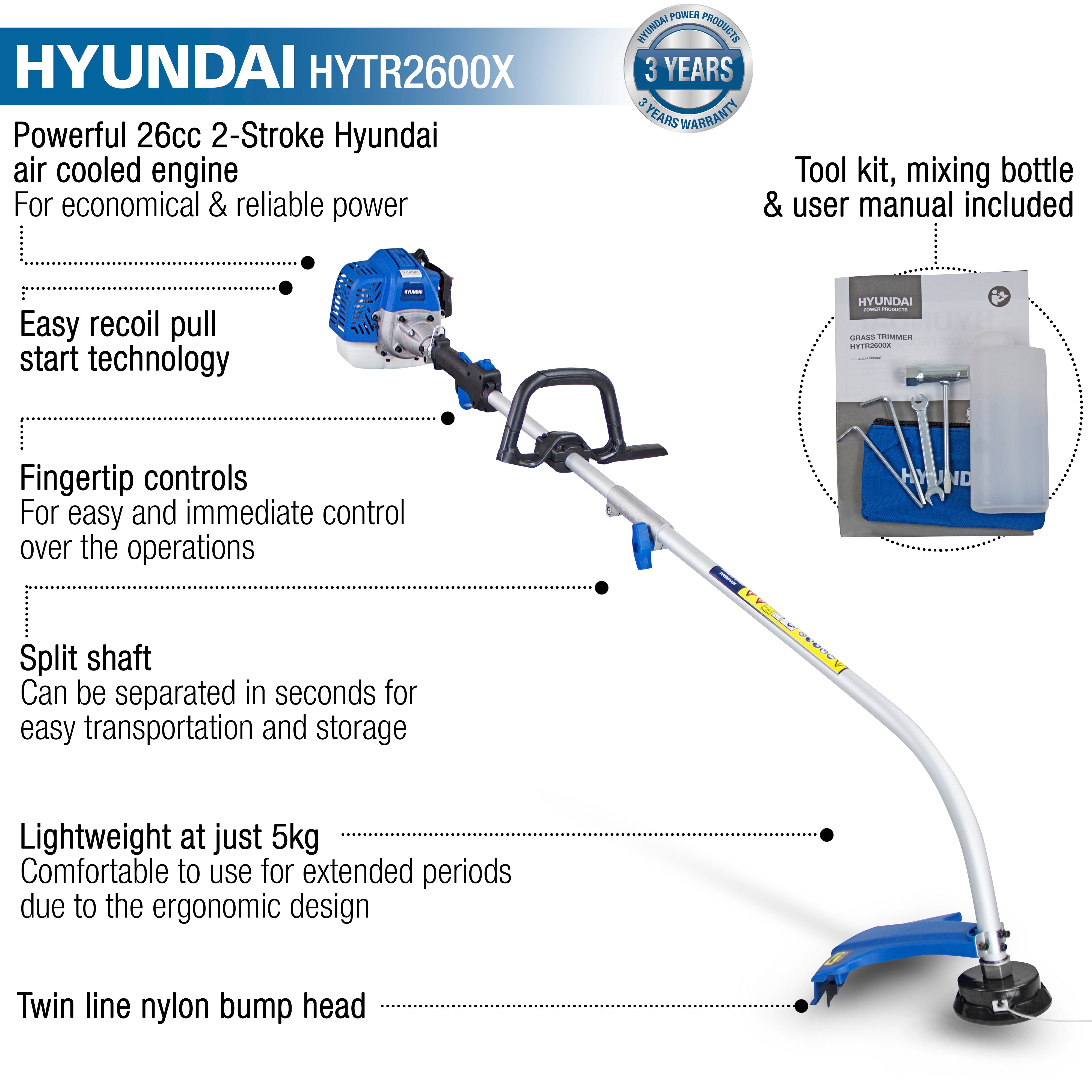 Hyundai Split Shaft 38cm Cutting Width 26cc Petrol Grass Trimmer | HYTR2600X