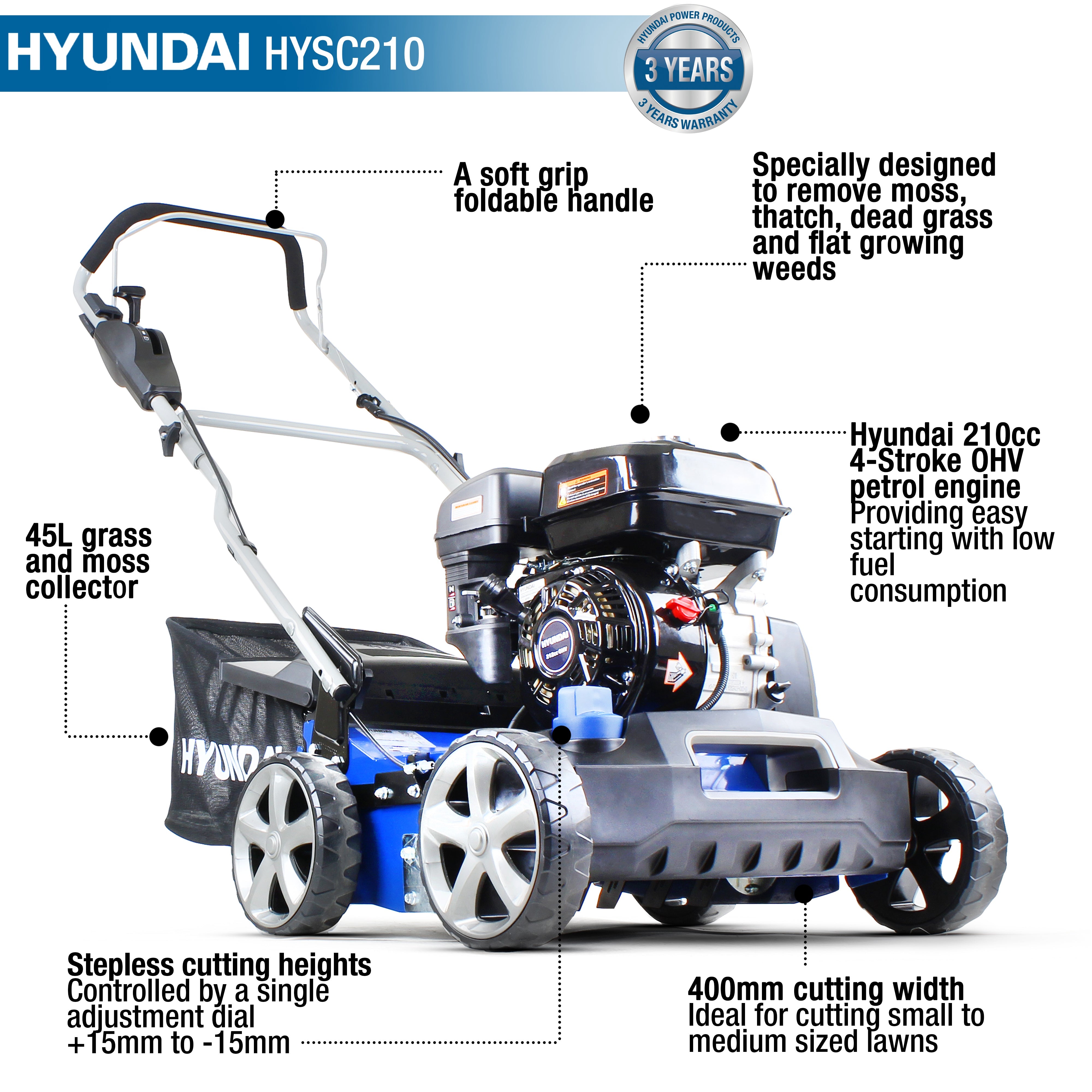 Hyundai 212cc Petrol Lawn Scarifier and Aerator