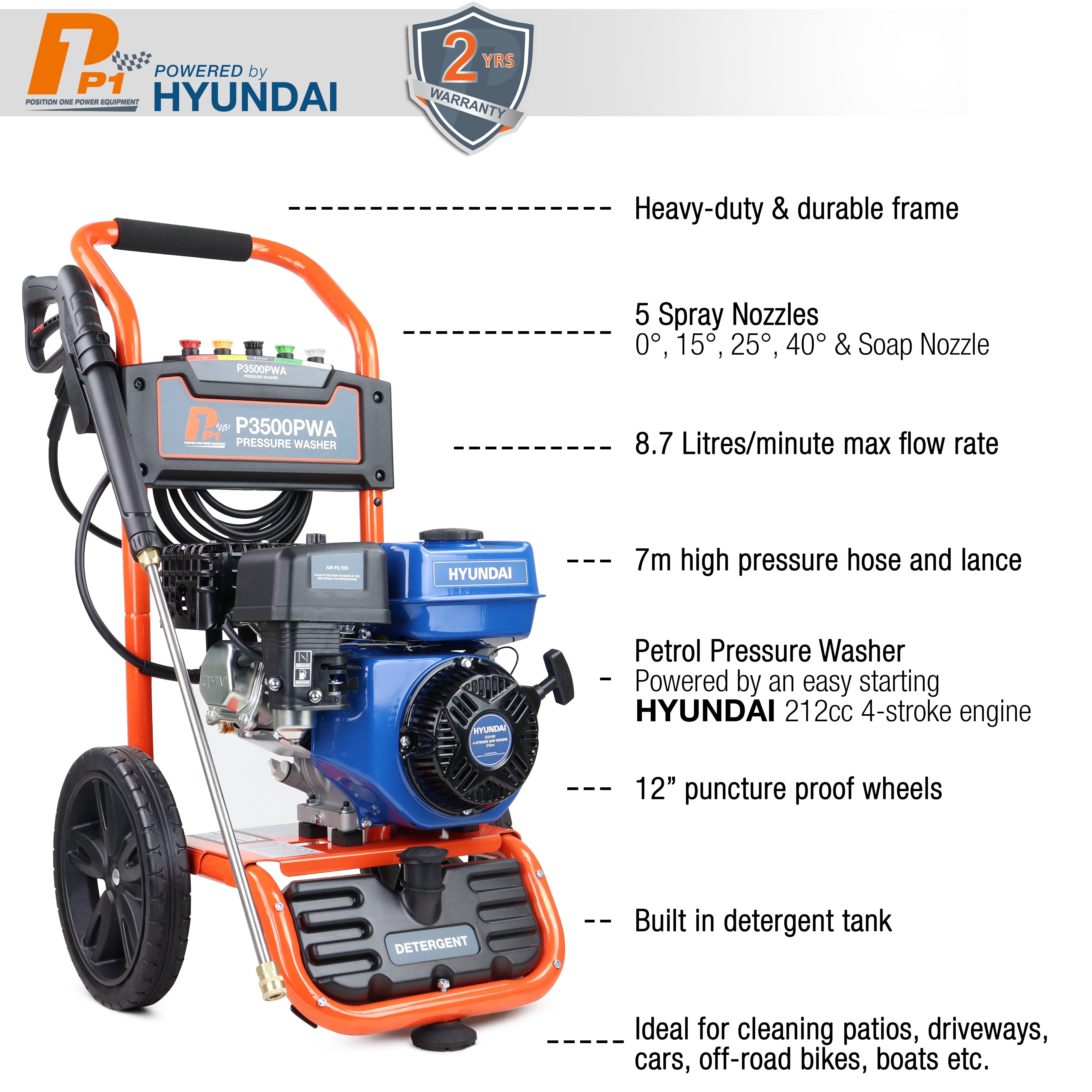 P1 Petrol Pressure Washer 3000psi / 207 bar | Hyundai IC210 Engine | P3500PWA