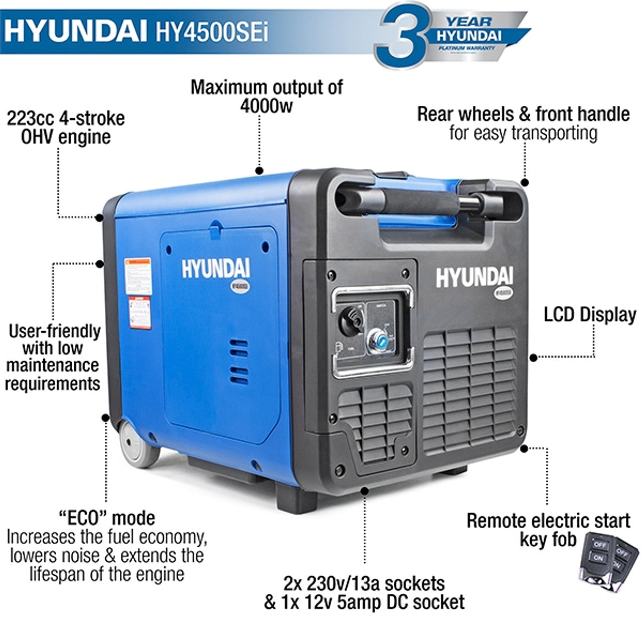Hyundai 4000W Petrol 4.0kW / 5kVA Portable Inverter Generator | HY4500SEI
